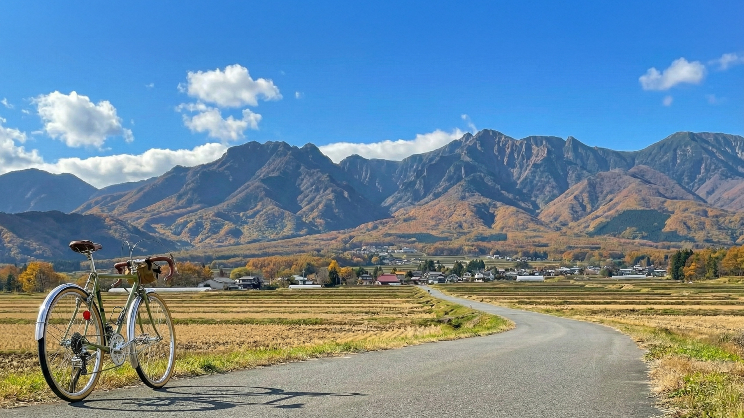 山並みと田畑の間を続く道に佇む自転車